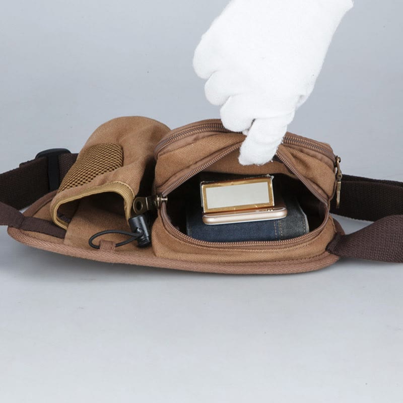 Men's small canvas waist bag with bottle pocket