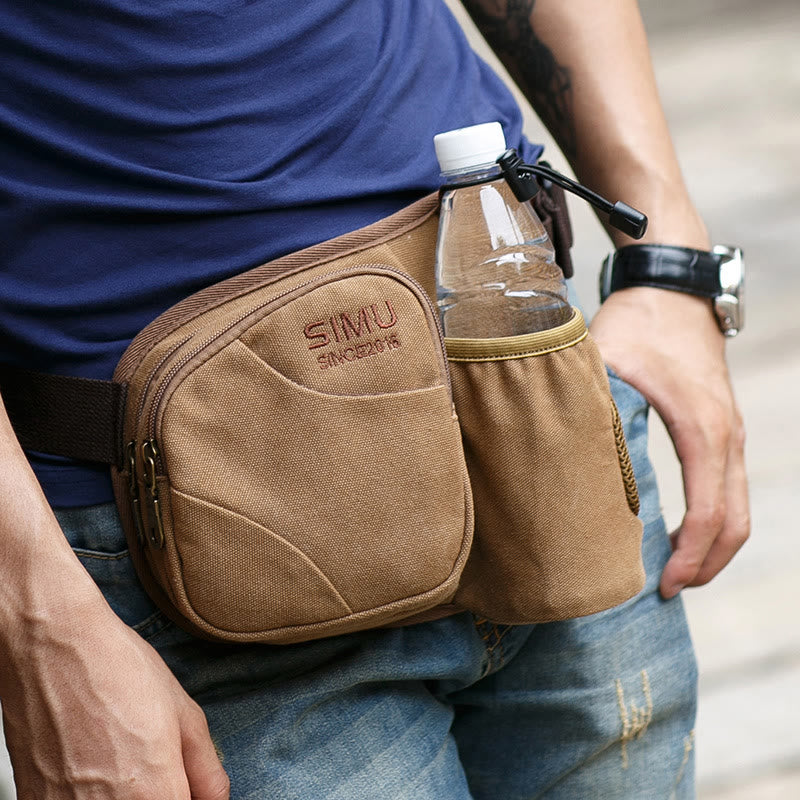 Men's small canvas waist bag with bottle pocket