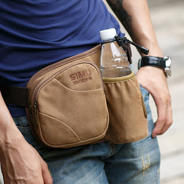 Men's small canvas waist bag with bottle pocket