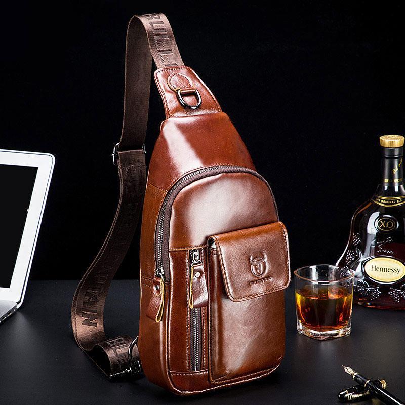 Genuine Leather Sling Chest Bag with Earphone Hole – Stylish & Practical Crossbody Shoulder Bag