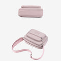 Light pink four-zip crossbody bag shown from top and bottom angles