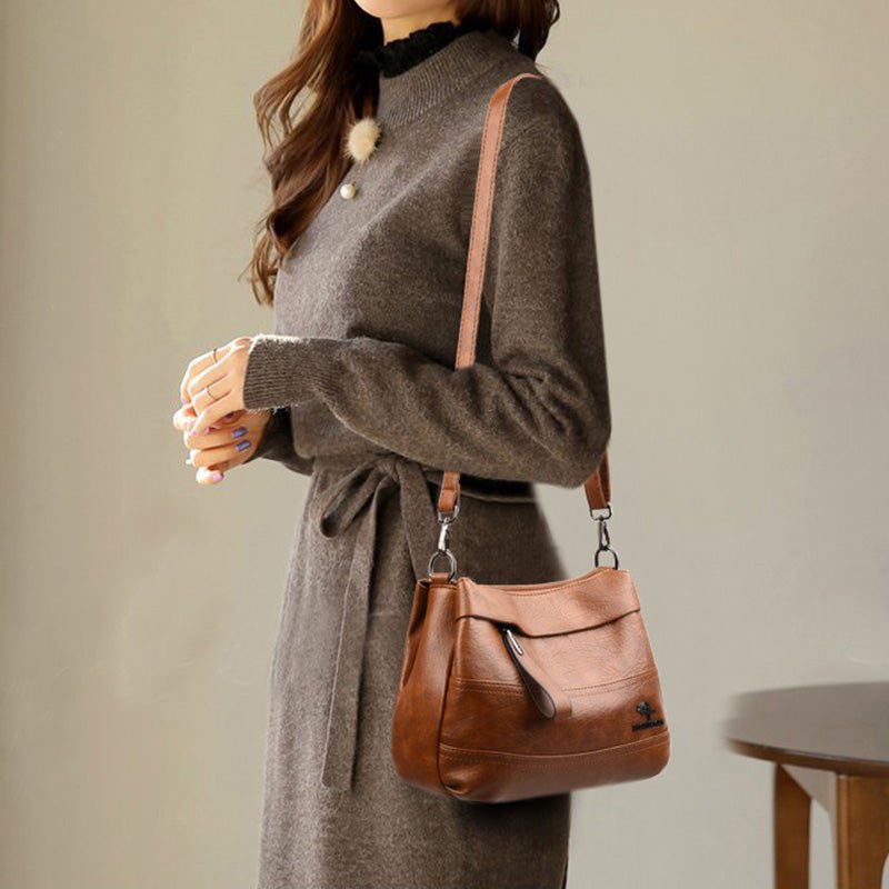 Triple Compartment Leather Handbag for Women Small Casual Crossbody Shoulder Bag