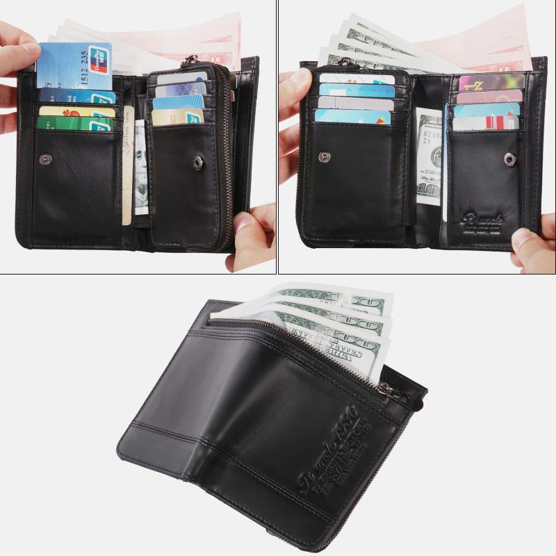 RFID Large Capacity Bifold Wallet for Men – Retro Genuine Leather with 20 Card Slots & Zipper Pockets