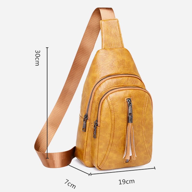 Camel brown PU leather sling bag dimensions 19 by 7 by 30 centimeters