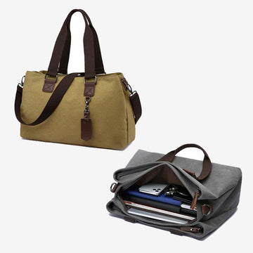 Triple compartment canvas tote crossbody bag