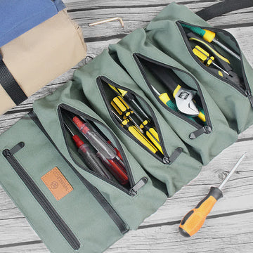 Heavy duty tool roll bag organizer with five pouches