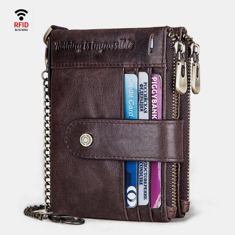 RFID anti-theft genuine leather wallet with chain