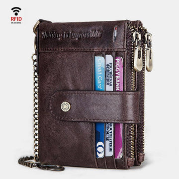 RFID anti-theft genuine leather wallet with chain