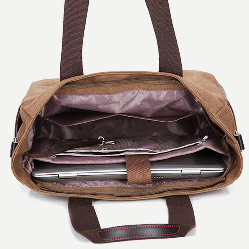 Multi-pocket retro canvas laptop tote bag
