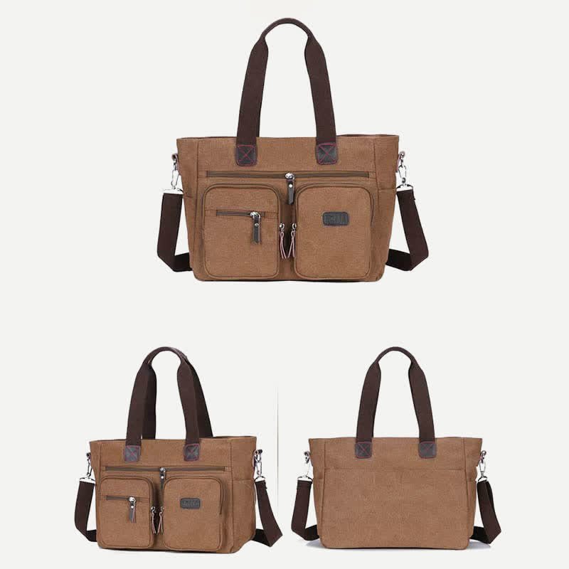 Multi - Pocket Canvas Tote Handbag for Women & Men – Retro Laptop Bag with Adjustable Straps