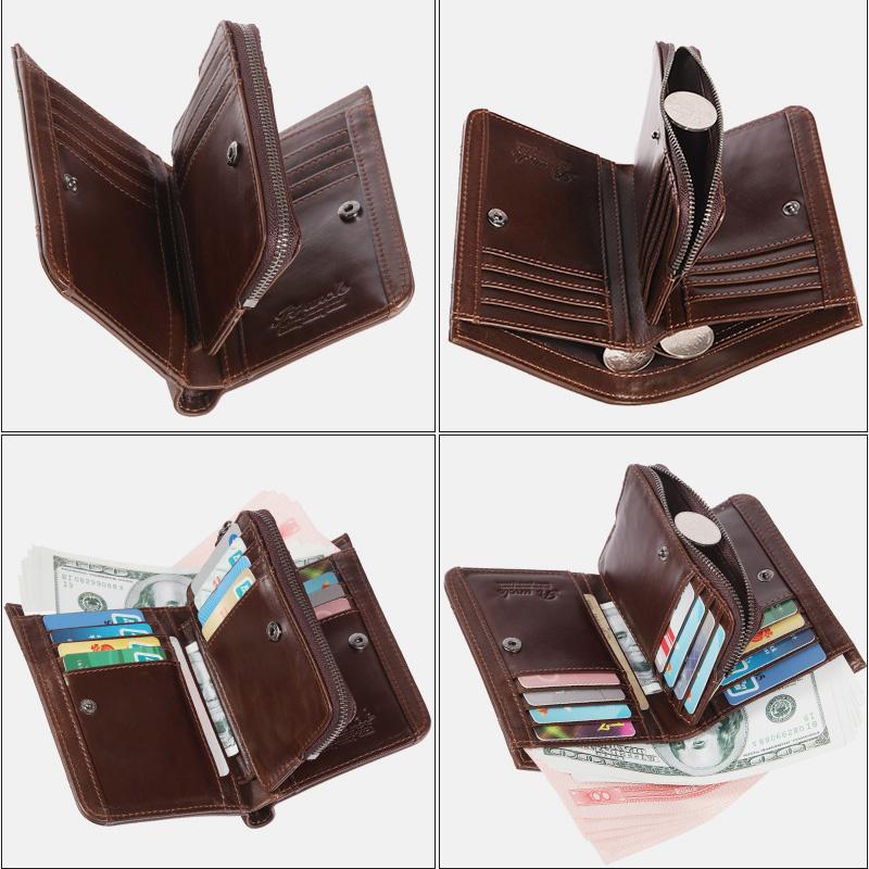 RFID Large Capacity Bifold Wallet for Men – Retro Genuine Leather with 20 Card Slots & Zipper Pockets