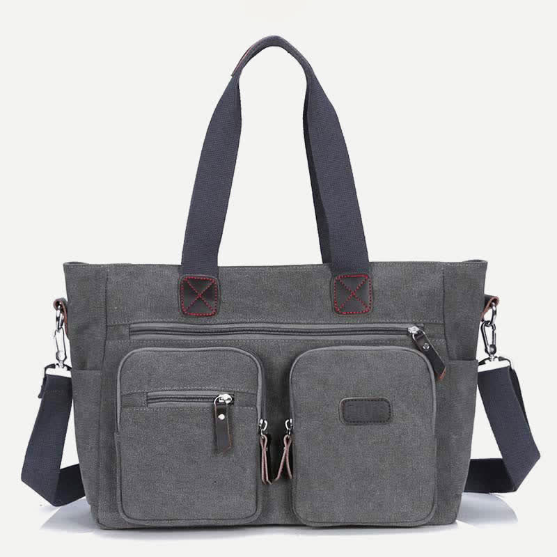 Multi - Pocket Canvas Tote Handbag for Women & Men – Retro Laptop Bag with Adjustable Straps