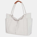 White canvas tote bag with PU leather handles and zipper closure