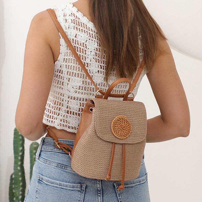 Women's straw drawstring backpack for beach and summer