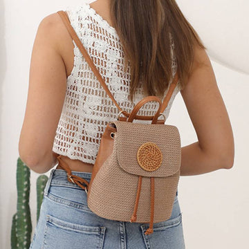 Women's straw drawstring backpack for beach and summer