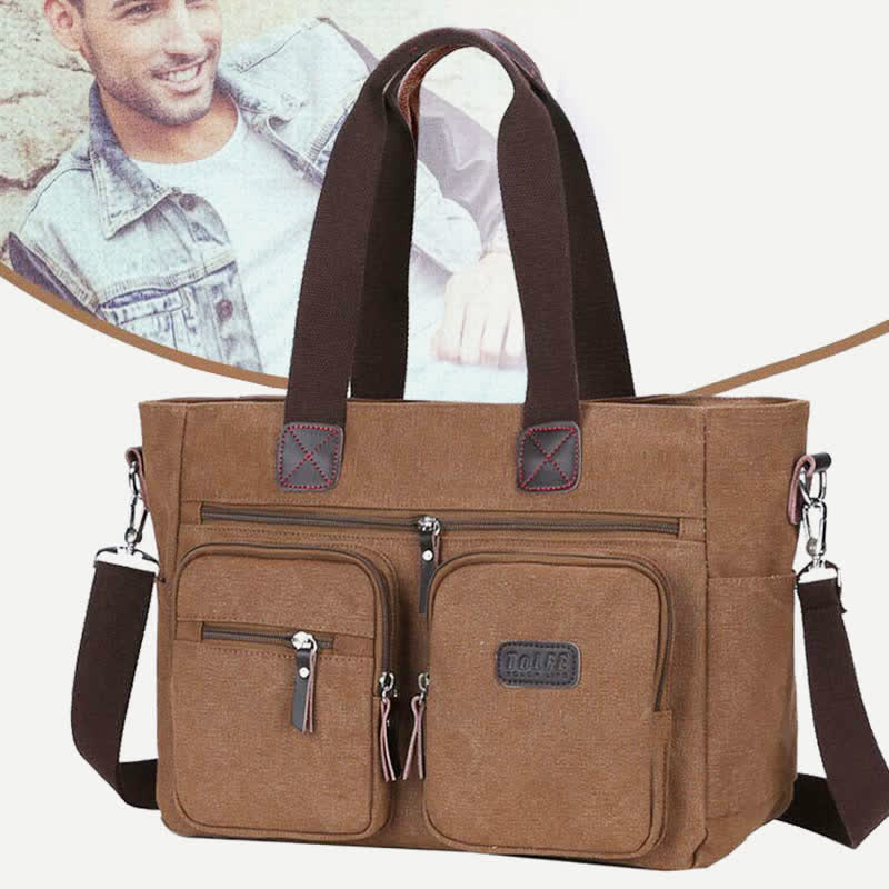 Multi - Pocket Canvas Tote Handbag for Women & Men – Retro Laptop Bag with Adjustable Straps