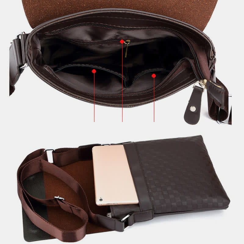 Men's small plaid PU leather messenger bag