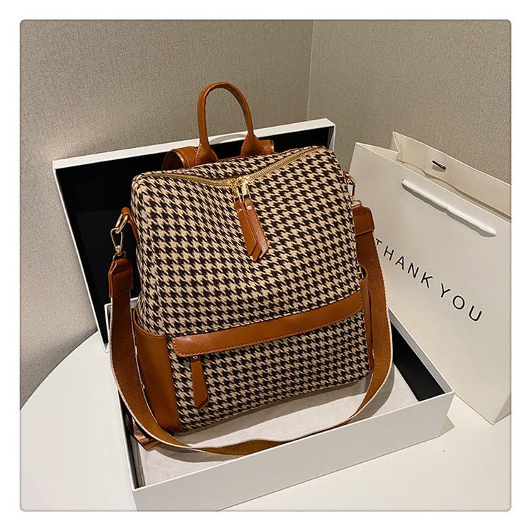 Oil Painting Canvas Backpack – Retro Houndstooth Large Student Daypack for Women, Stylish and Practica