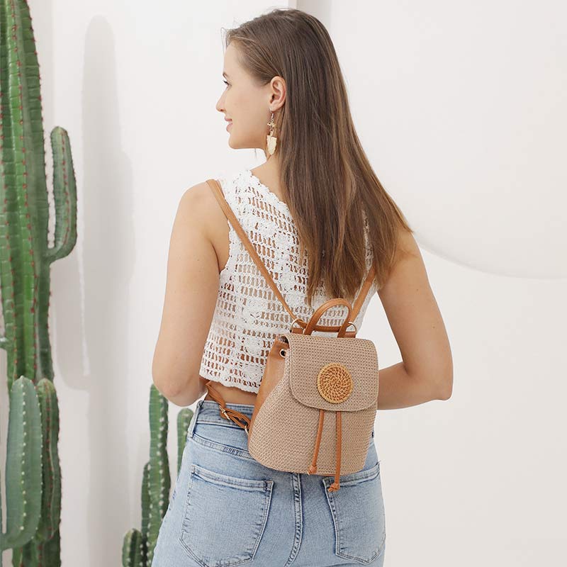 Women’s Straw Backpack – Summer Beach Woven Drawstring Handbag