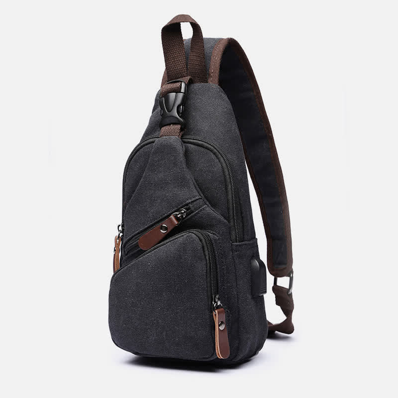 Canvas sling backpack with USB charging port