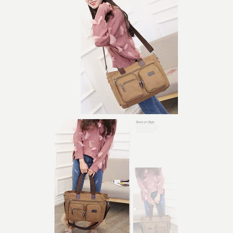 Multi - Pocket Canvas Tote Handbag for Women & Men – Retro Laptop Bag with Adjustable Straps