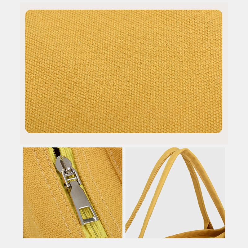 Yellow canvas tote fabric, zipper, and handle details