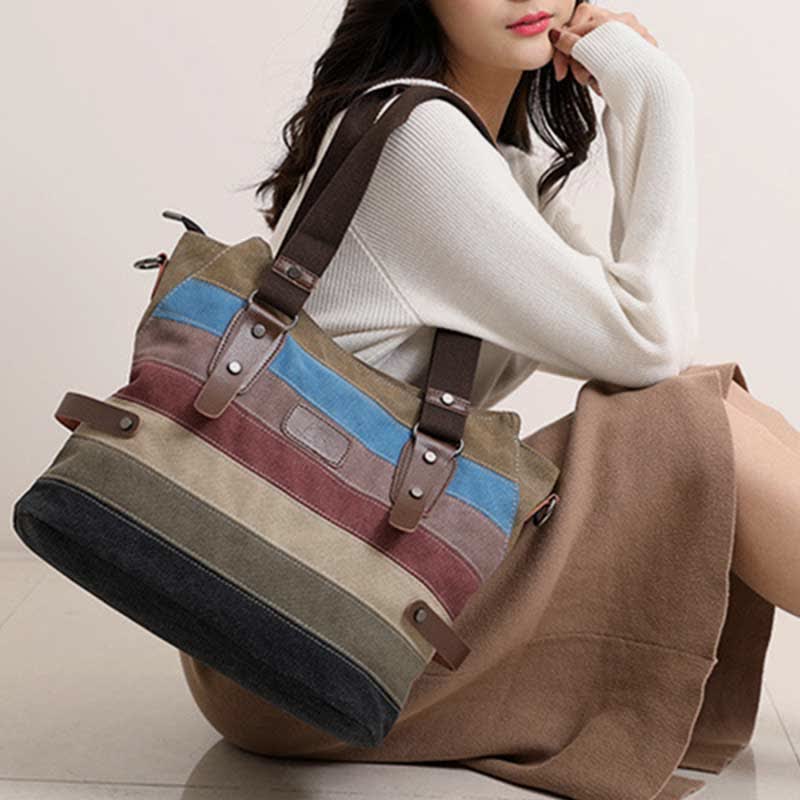 Multifunction Color Block Canvas Tote Bag | Hobo Shoulder Bag & Crossbody Purse