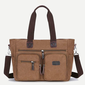 Multi-pocket retro canvas laptop tote bag