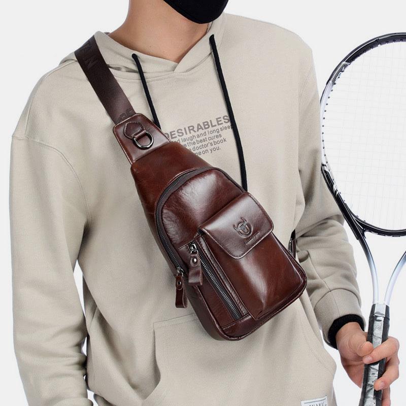 Genuine Leather Sling Chest Bag with Earphone Hole – Stylish & Practical Crossbody Shoulder Bag