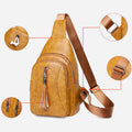 Camel brown PU leather sling bag with zipper and strap hardware details
