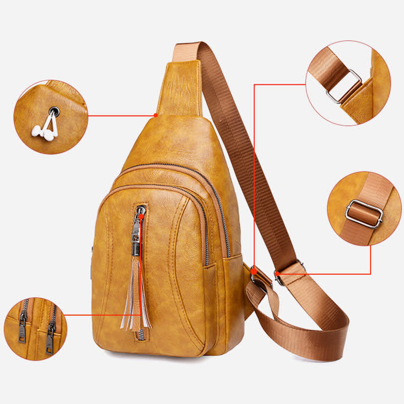 Camel brown PU leather sling bag with zipper and strap hardware details