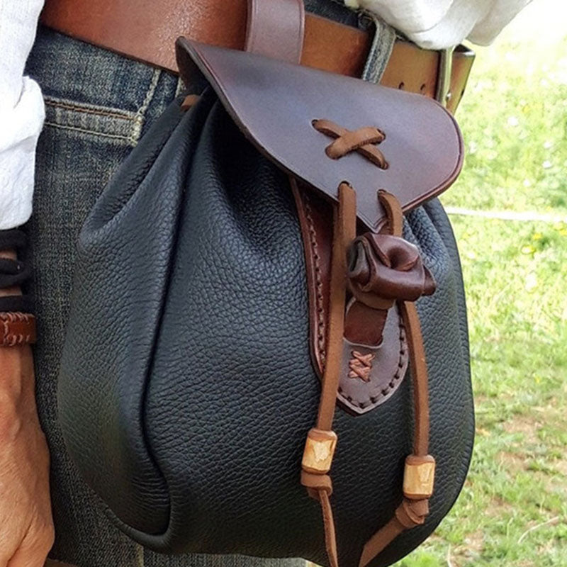 Retro medieval leather waist bag with drawstring closure