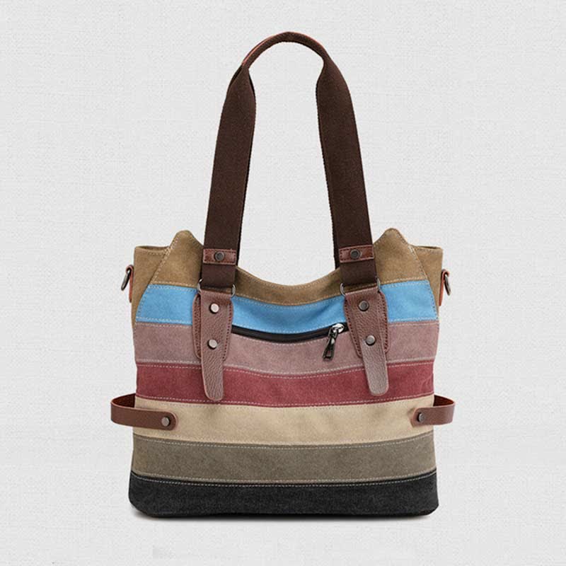 Multifunction Color Block Canvas Tote Bag | Hobo Shoulder Bag & Crossbody Purse