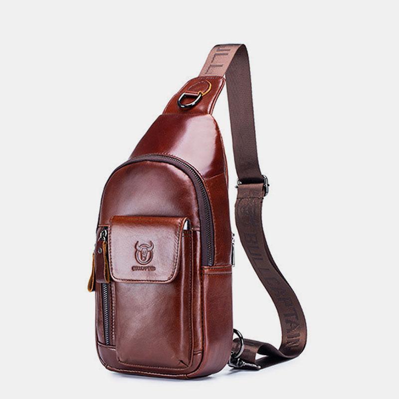 Genuine leather sling chest bag with earphone hole