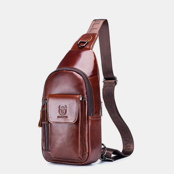 Genuine leather sling chest bag with earphone hole