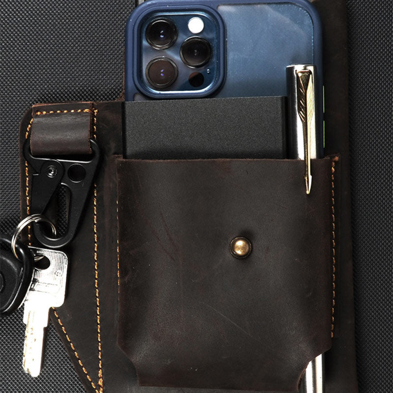 Men's genuine leather waist phone bag with keychain