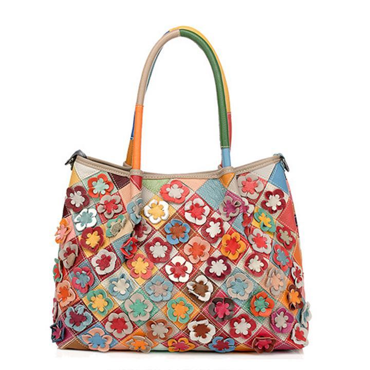 Genuine leather multicolor flower boho handbag