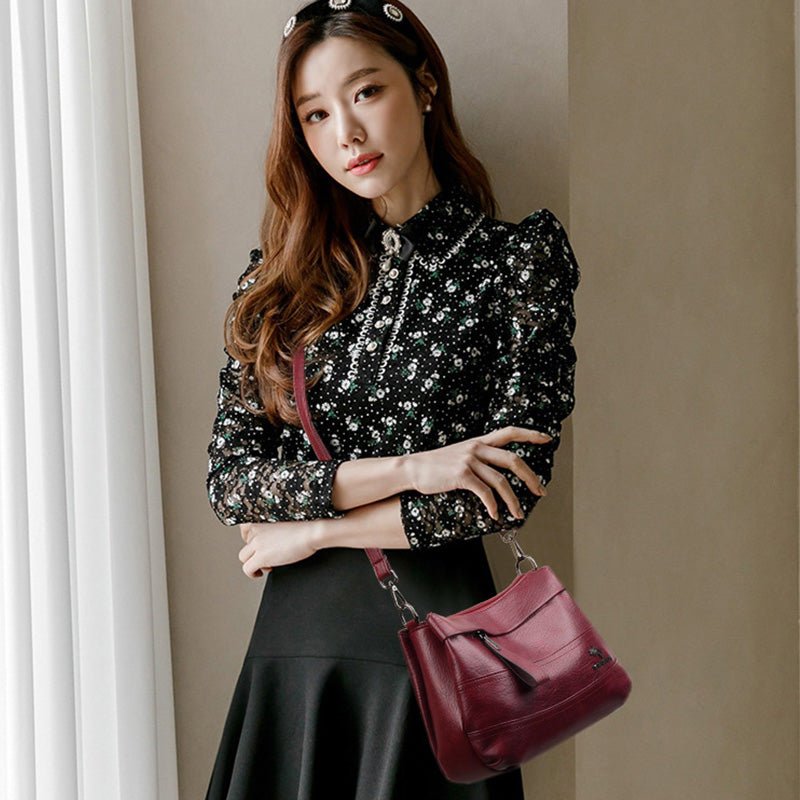 Triple Compartment Leather Handbag for Women Small Casual Crossbody Shoulder Bag