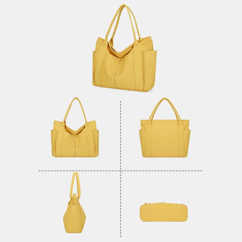 Yellow large canvas tote bag shown from multiple angles