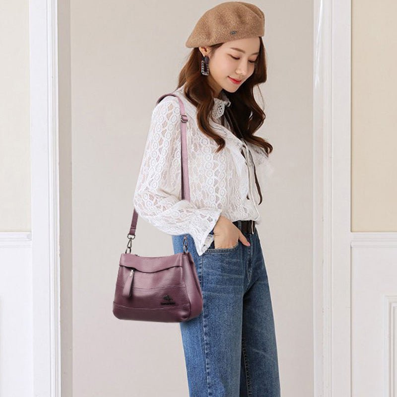 Triple Compartment Leather Handbag for Women Small Casual Crossbody Shoulder Bag