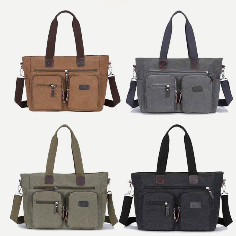 Multi - Pocket Canvas Tote Handbag for Women & Men – Retro Laptop Bag with Adjustable Straps