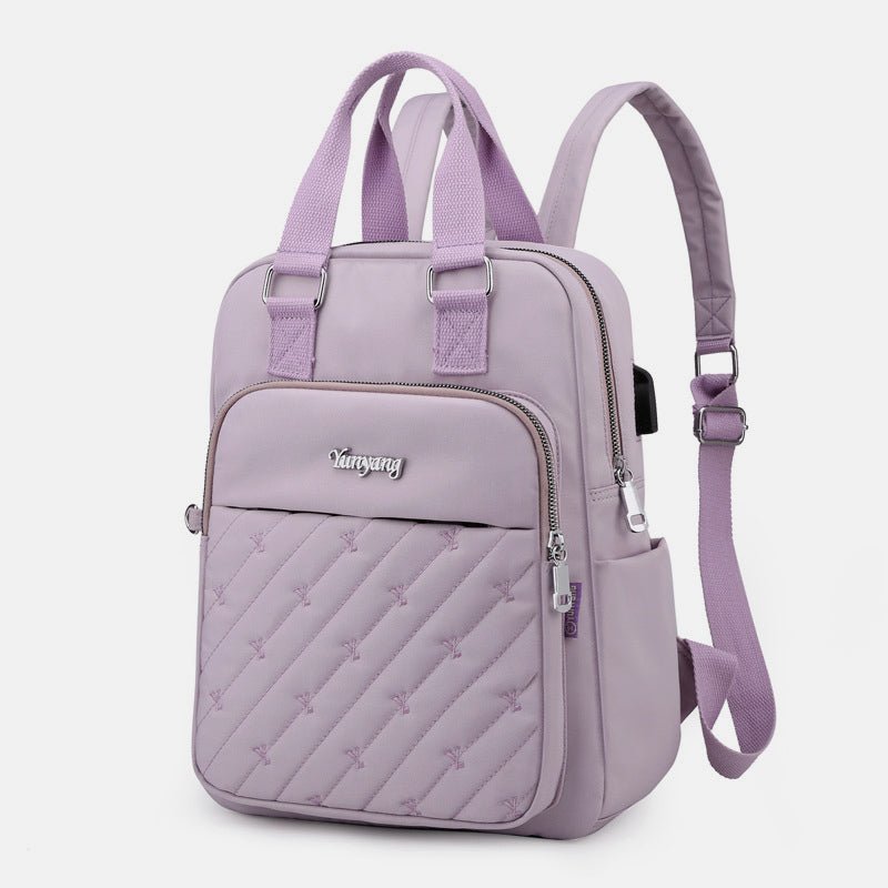 Lightweight Embossed Embroidery Backpack with USB Charging Port – Perfect for Women on the Go