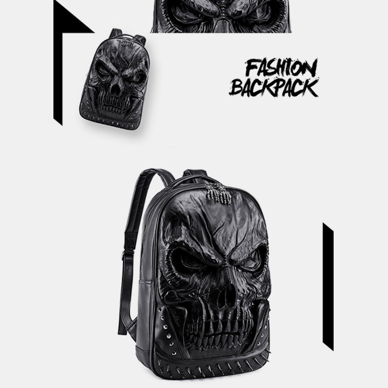 3D Skull Punk Rivet Leather Backpack | Waterproof Embossed Ghost Head Knapsack