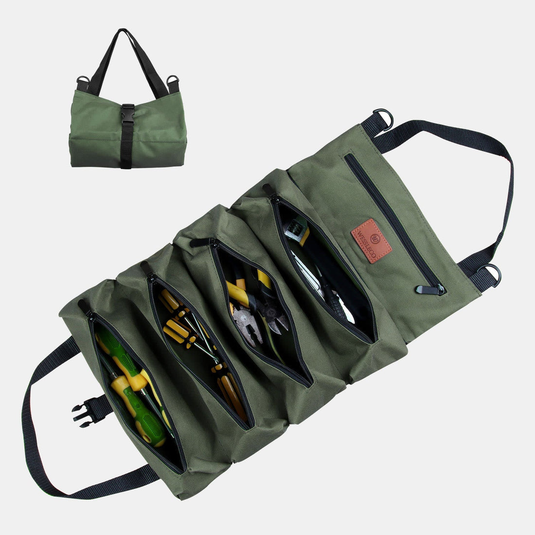 Heavy duty tool roll bag organizer with five pouches