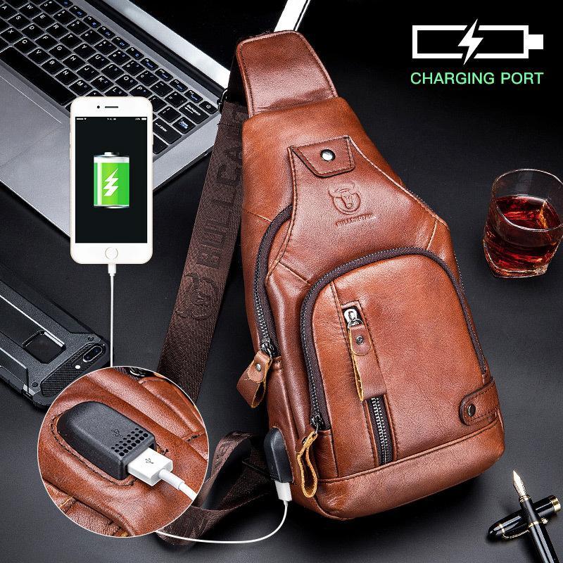 USB Charging Real Leather Sling Bag for Men – Crossbody Shoulder Bag with Adjustable Straps