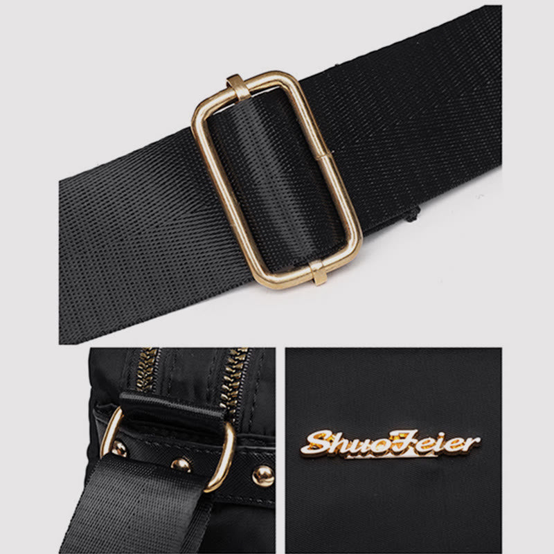 Waterproof nylon crossbody bag adjustable strap buckle and attachment details