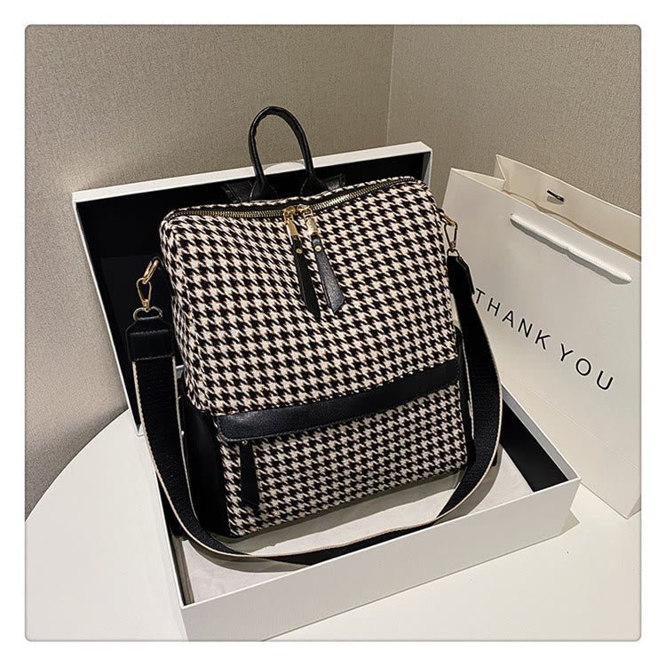 Oil Painting Canvas Backpack – Retro Houndstooth Large Student Daypack for Women, Stylish and Practica