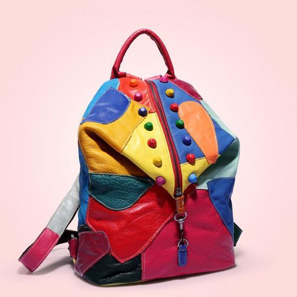 Women's Genuine Leather Splice Rivet Backpack - Stylish & Durable Shoulder Bag for School, Travel, & Daily Use