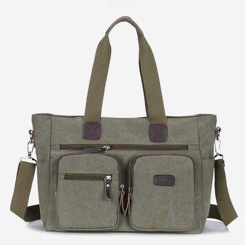 Multi - Pocket Canvas Tote Handbag for Women & Men – Retro Laptop Bag with Adjustable Straps