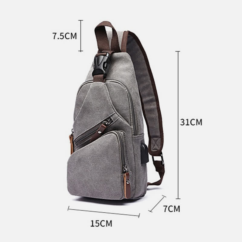 Canvas Sling Bag Crossbody Backpack – Casual Rucksack with USB Charging Port